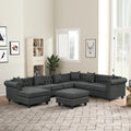 Canapé d'angle Chesterfield avec pouf et 6 oreillers, canapé en forme de U en tissu de lin avec méridienne et pieds en bois d'hévéa pour le salon