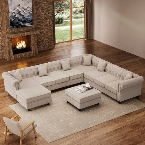Canapé d'angle Chesterfield avec pouf et 6 oreillers, canapé en forme de U en tissu de lin avec méridienne et pieds en bois d'hévéa pour le salon