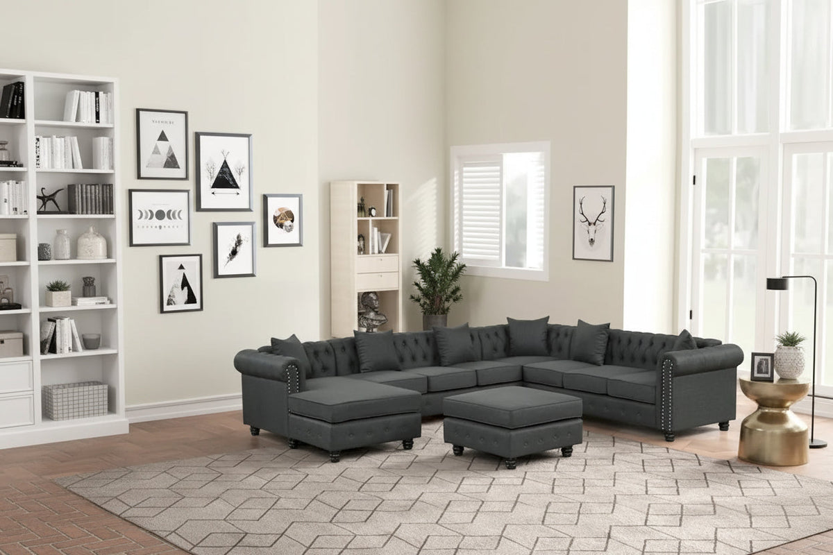 Canapé d'angle Chesterfield avec pouf et 6 oreillers, canapé en forme de U en tissu de lin avec méridienne et pieds en bois d'hévéa pour le salon