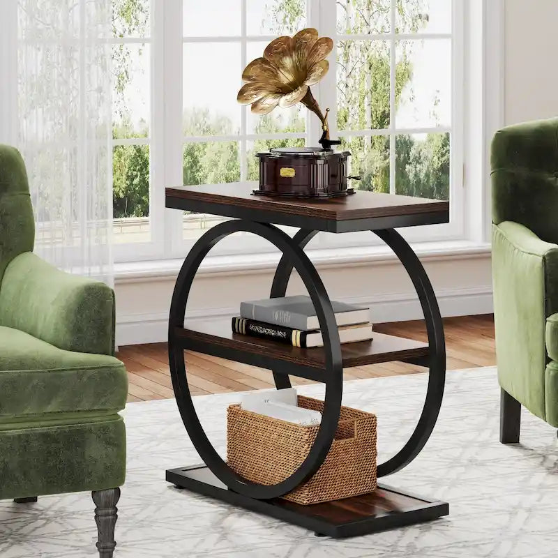 Table d'appoint étroite avec 3 étagères de rangement, Table d'appoint en bois pour salon
