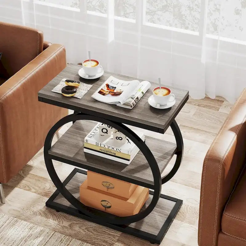 Table d'appoint étroite avec 3 étagères de rangement, Table d'appoint en bois pour salon
