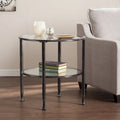 Table d'appoint ronde, cadre en métal noir vieilli, plateau en verre + étagère inférieure, style industriel