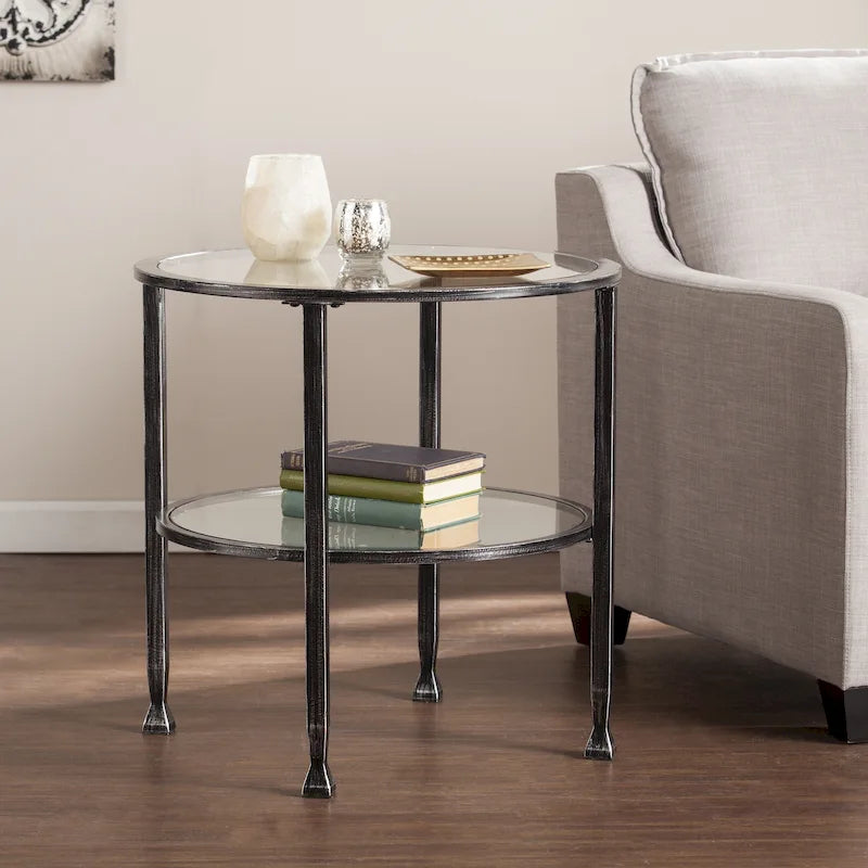 Table d'appoint ronde, cadre en métal noir vieilli, plateau en verre + étagère inférieure, style industriel