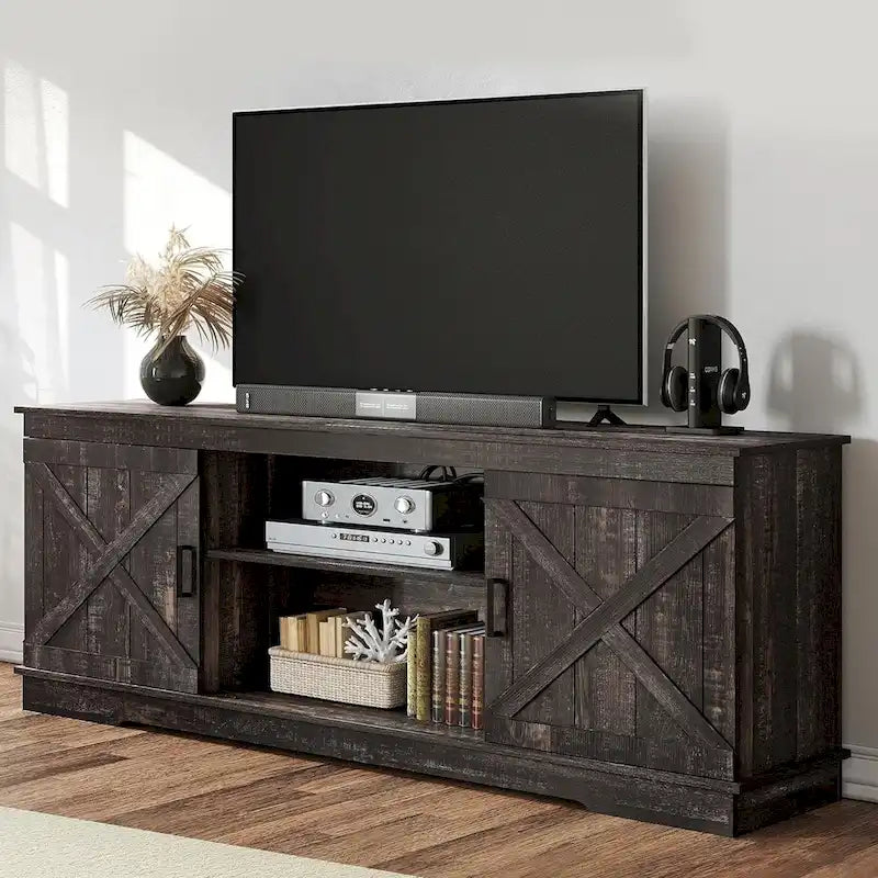 Meuble TV de ferme Moasis avec console média de porte de grange et centre de divertissement avec armoires de rangement